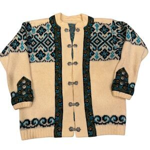 Vintage Nordstrikk Metal Clasp Up Patterned Norwegian Wool Sweater SEE MEASRMNTS